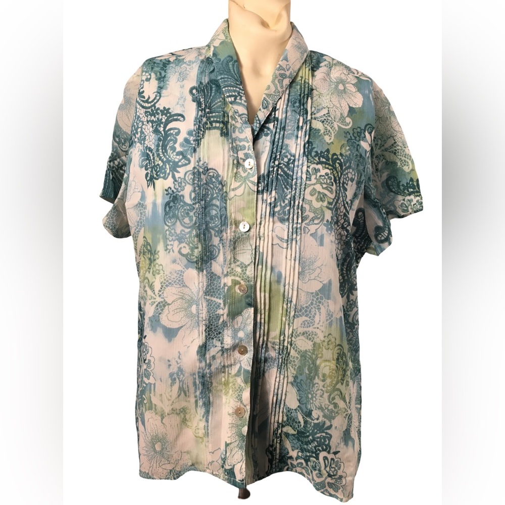 Alfred Dunner Teal, White & Green Floral Short-Sleeve Button-Up suit set